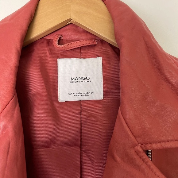 Mango MNG Dark Pink Salmon Genuine Leather Biker Jacket XL - Picture 2 of 5